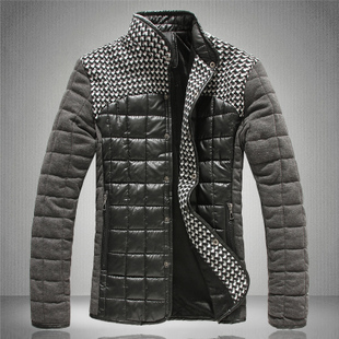  秋冬棉衣潮男士保暖加厚外套 韩版立领修身棉袄 PU皮拼接撞色棉服
