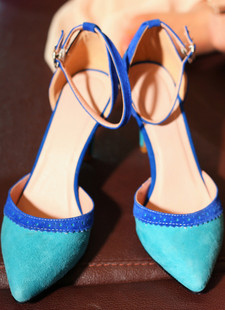  日韩时尚配色花边羊皮女鞋甜美蓝色高跟凉鞋真皮尖头扣带单鞋