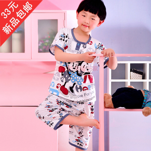  新品夏季儿童睡衣可爱小孩男孩全棉短袖七分裤睡衣纯棉套装包邮