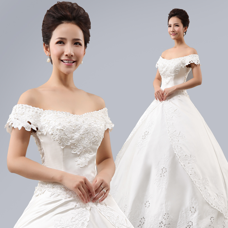 婚纱礼服 新款2013秋优雅一字肩公主婚纱齐地 复古简约缎面婚纱 婚纱礼服 新款2013秋优雅一字肩公主婚纱齐地 复古简约缎面婚纱