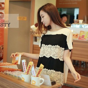  半袖女款新款夏装韩版蕾丝拼接宽松大码女装短袖上衣镂空T恤