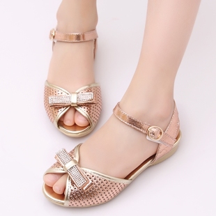  新款时尚潮韩版儿童点钻亮面鱼嘴公主鞋女童凉鞋镂空中大童鞋