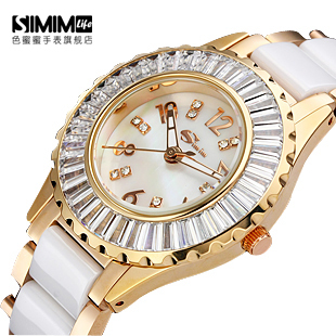  simim正品陶瓷表 复古时装表白色陶瓷手表韩国石英表时尚女水钻表