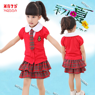  米奇叮当女童装夏裙红色半袖连衣裙儿童两件套裙子学院风夏季套装