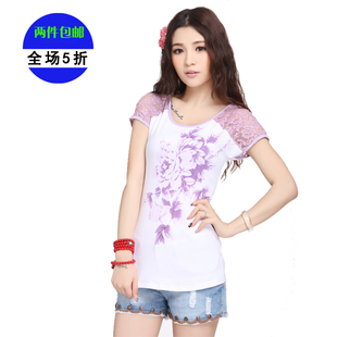  蕾丝短袖拼接印花T恤衫 修身民族风上衣 年春夏新款韩版潮女