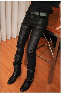 AVF stitching leather pants new wave men's autumn and winter plus size male Korean men foot slim long pants