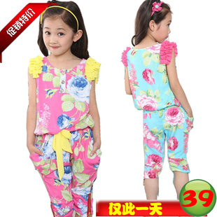  童装女童夏装新款韩版套装大花朵儿童短袖碎花休闲两件套装