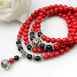  开运堂 开光进口红珊瑚108颗佛珠手链 黑玛瑙 藏银隔珠 原创 念珠