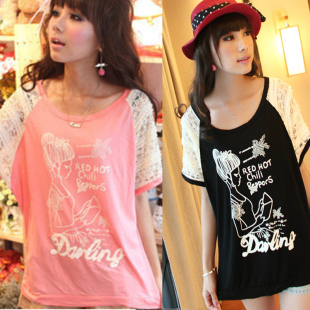  夏装新款蕾丝拼接袖子 百搭蝙蝠衫韩版宽松纯棉短袖T恤 女潮