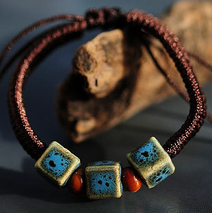 满百包邮云南丽江特色纪念品蓝釉彩陶瓷珠方块