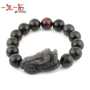 一生一石 双彩虹眼冰种黑曜石貔貅手链 霸王男士款 大展鸿图原创