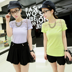  蚂蚁阿宅TX052夏装新款蕾丝绣花镂空拼接圆领短袖女T恤D4