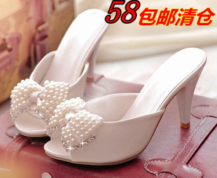  新款欧美细高跟女凉拖一字拖鱼嘴蝴蝶结珠水钻白色 红色拖鞋女夏