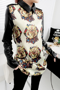  魔衣宝贝冬季新品 女 欧美风中长款雪纺衬衫皮U拼接翻领衬衣打底