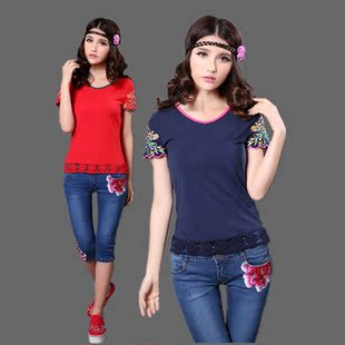  裂帛正品女装春夏民族风修身显瘦印花蕾丝圆领绣花拼接短袖t恤女