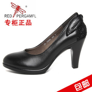  新款红蜻蜓女鞋正品 全牛皮粗跟厚底防水台水钻高跟单鞋 包邮