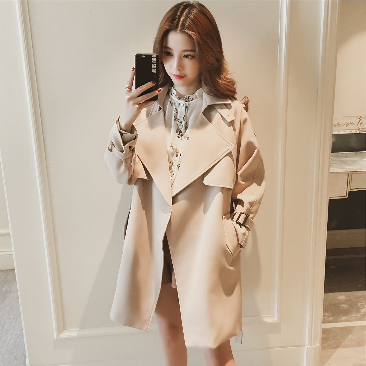 2019 spring and autumn new pattern Korean Edition Large lapel Mid length version Windbreaker coat Easy chic Frenum Waist overcoatin the Women's clothing/Boutique , Windbreaker category - from Buy2taobao.com to provide professional Taobao agent buy service