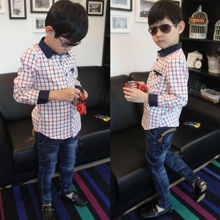  [小大人]13春季新款外贸童装韩版红蓝格子衬衫儿童男童长袖衬衫