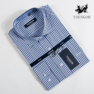  YOUNGOR雅戈尔春季新款休闲男装免熨全棉旗舰店格子短袖衬衫正品