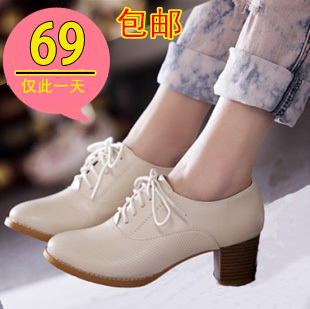  春秋新款粗跟鞋高跟鞋系带鞋英伦风复古皮鞋单鞋女鞋子包邮