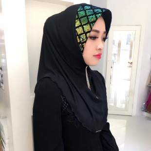 穆斯林头巾 幻彩亮片套头款拼接 女 纱巾回族民族风盖头小帽