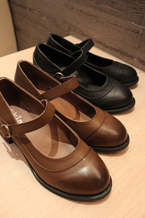  ｛BoA家｝欧美范 复古擦色 圆头方跟鞋中跟鞋 女单鞋 低跟凉鞋