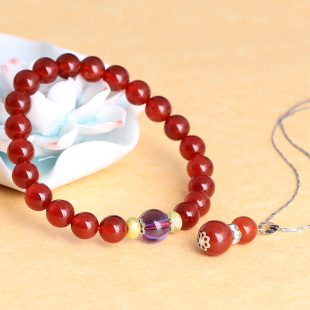  淘金币 E优质红玛瑙手串8-8.5mm女款手链佛珠送葫芦项坠低价包邮
