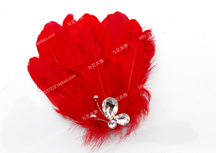  水晶蝴蝶卷毛红色羽毛头饰 新娘红色头饰饰品 结婚首饰小礼帽