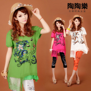  【陶陶乐】夏装新款韩版宽松蕾丝拼接中长款短袖T恤女士装