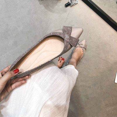 蝴蝶结内增高尖头平底单鞋女2019新款春季百搭韩版浅口软底工作鞋