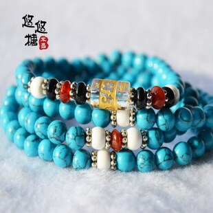  正品防伪 天然绿松石108颗佛珠手链 六字真言辟邪保平安 五行转运