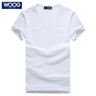  WOOG韩版男装夏装男士纯白色莱卡棉V领纯色短袖t恤半袖打底衫