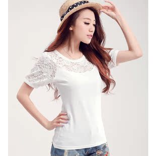  夏装新款女装拼接蕾丝短袖修身t恤女圆领T恤女潮T