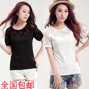  包邮女装新款夏装韩国蕾丝拼接修身大码套头圆领t恤女短袖潮t