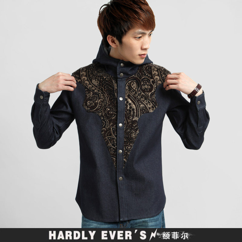 HardlyEvers额菲尔 春款复刻拼接民族潮男连帽牛仔衬衫男ST936
