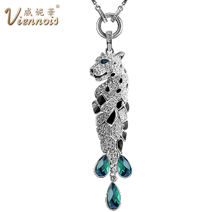 威妮华专柜正品.长款猎豹镀金项链女水晶毛衣