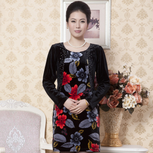  中老年丝绒女装长袖连衣裙妈妈装大码印花富态长裙正品牌新品