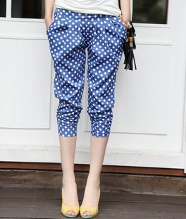  夏装新款韩版女装时尚百搭修身 波点休闲裤哈伦裤 圆点五分裤