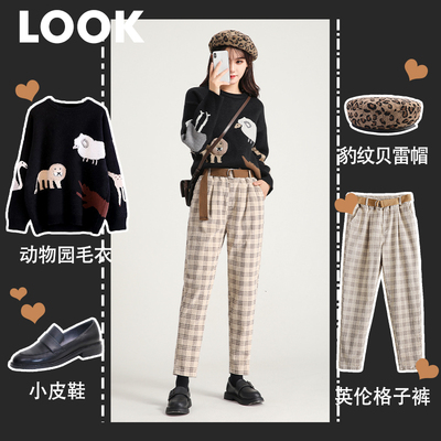 灯芯绒裤子女萝卜裤2019秋冬新款高腰显瘦休闲宽松哈伦条绒格子裤