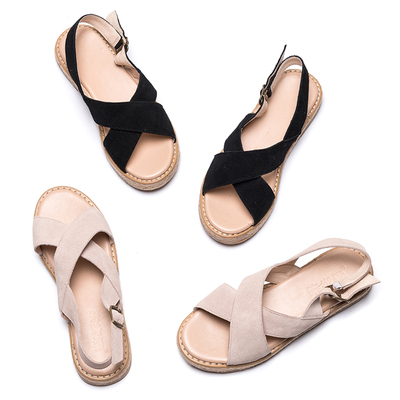 柒步森|随意的|2017夏季新款文艺复古平底交叉一字扣牛反绒凉鞋女