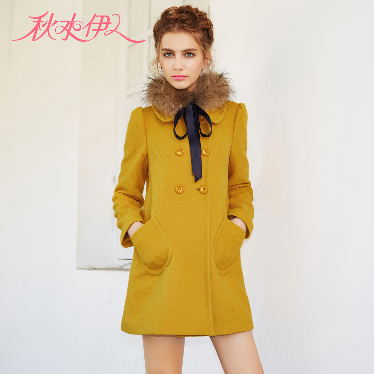 秋水伊人2013冬装新款气质淑女貉子毛真毛领A字毛呢子大衣外套女