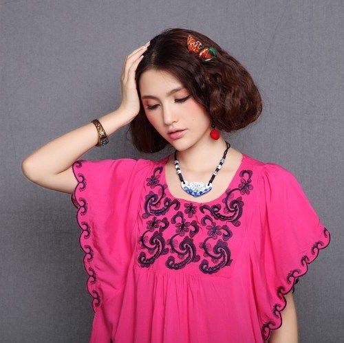 2013夏装新款 民族风女装 圆领绣花衬衣宽松时尚蝙蝠衫 女士衬衫