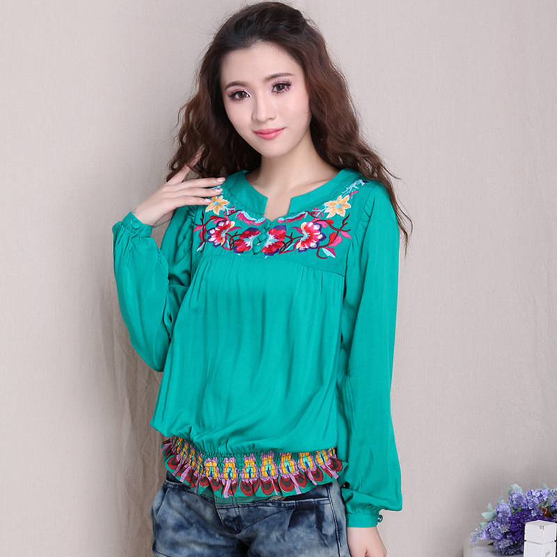 俏 2013秋装新款女装民族风 绣花荷叶边 修身长袖衬衫 女士衬衣
