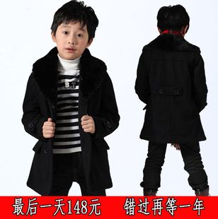  冬款童装 日韩风格加厚黑色男童大衣 男童羊毛大衣/儿童外套