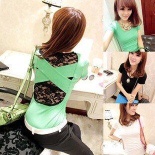  夏装新款 蘑菇街美丽说女装韩版性感露背蕾丝拼接短袖棉T恤潮