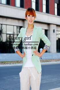  秋季新品外套女士小西装 修身 浅绿色西服女中长款 耸肩小西装 女