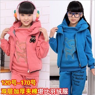  童装羽绒棉服女童冬装套装儿童套装加厚加绒卫衣三件套新年礼