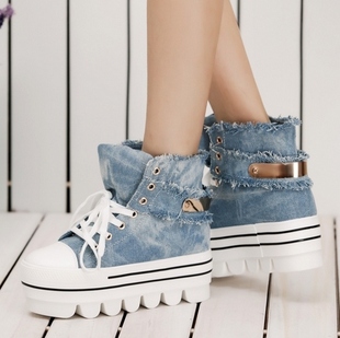  春季新款牛仔帆布鞋高跟厚底松糕鞋金色铁扣内增高女鞋高帮鞋