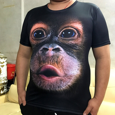 大猩猩图案3d动物印花短袖t恤男大码紧身半截袖体恤恶搞笑衣服夏