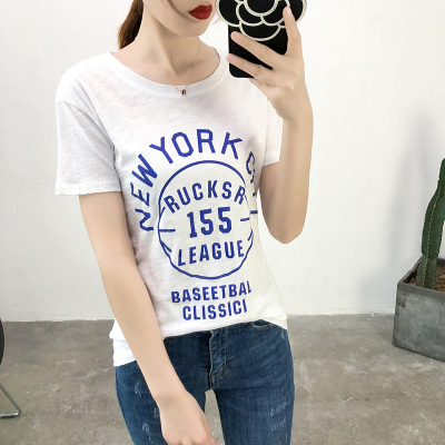 新款夏装大码女装打底衫短袖女圆领印花短袖棉百搭宽松t恤女款潮